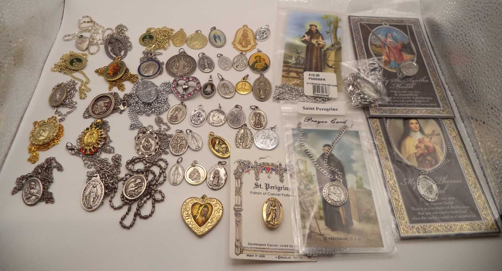 Vintage Catholic Medal Lot - 15 Necklaces, 30 Loose Medals, 5 NOS Prayer Cards