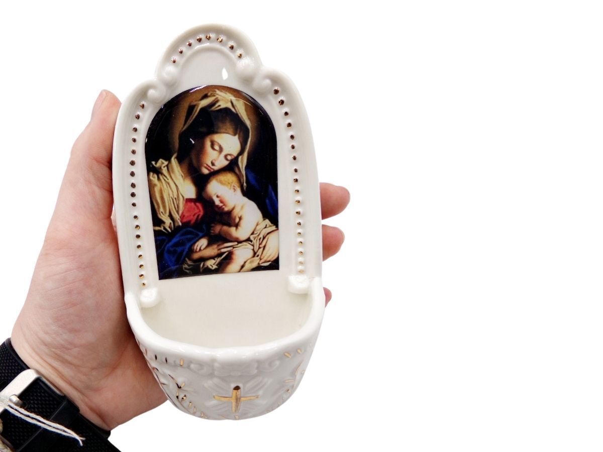 Madonna and Child Full Color Petite Porcelain Wall Hanging Holy Water Font