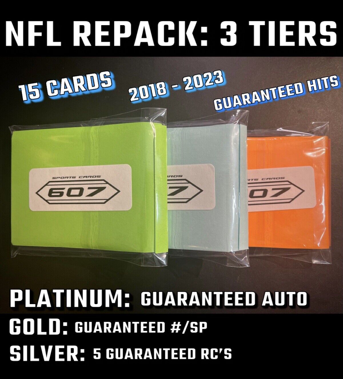 HIGH END NFL Repack 2018-2023: 15 CARDS w/ GUARANTEED Auto, Relic, RCs: 3 Tiers