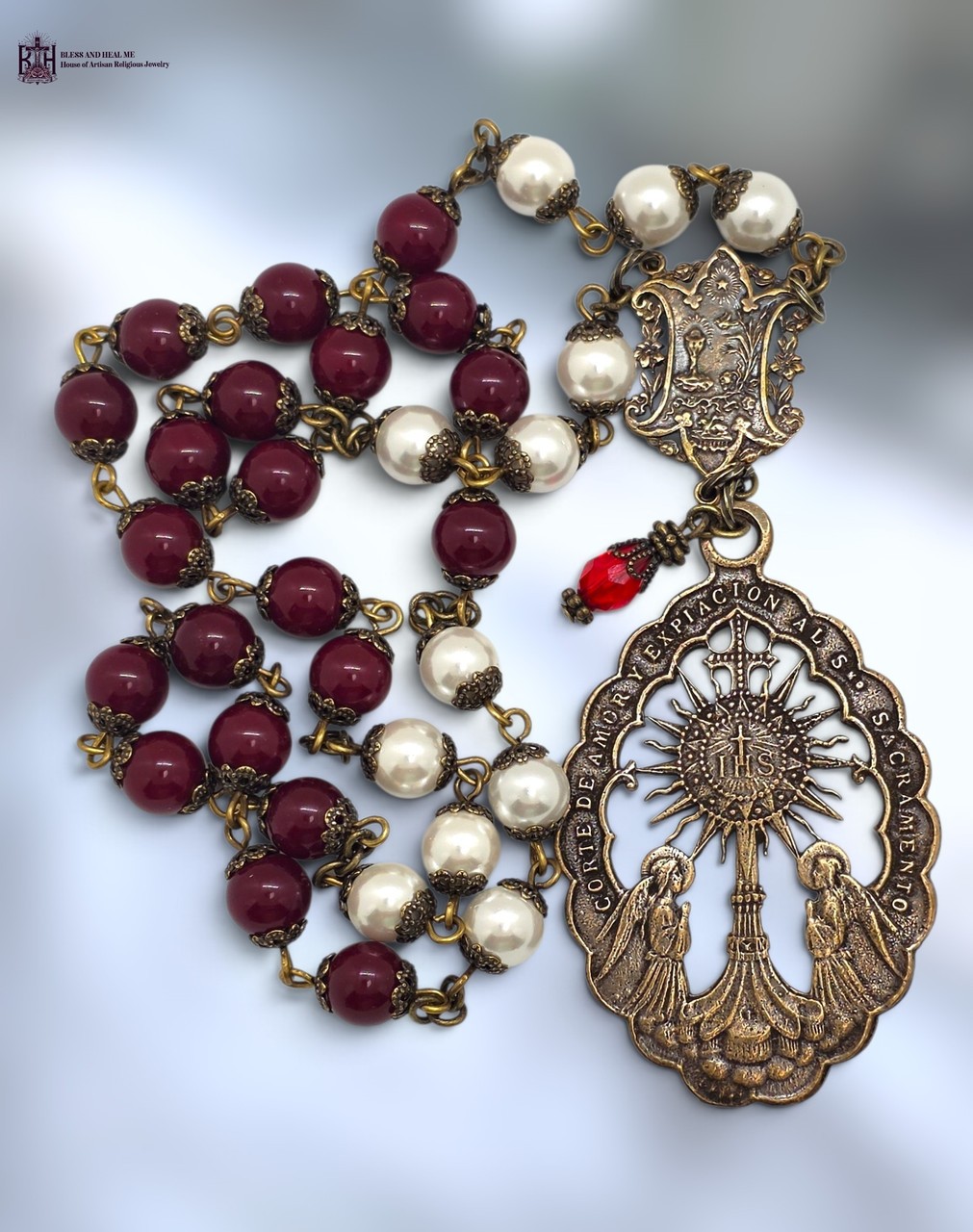 Eucharistic Adoration 33 beads Chaplet - Bronze, Red Glass & White Pearl Shell Eucharistic Adoration 33 beads Chaplet - Bronze, Red Glass & White Pearl Shell