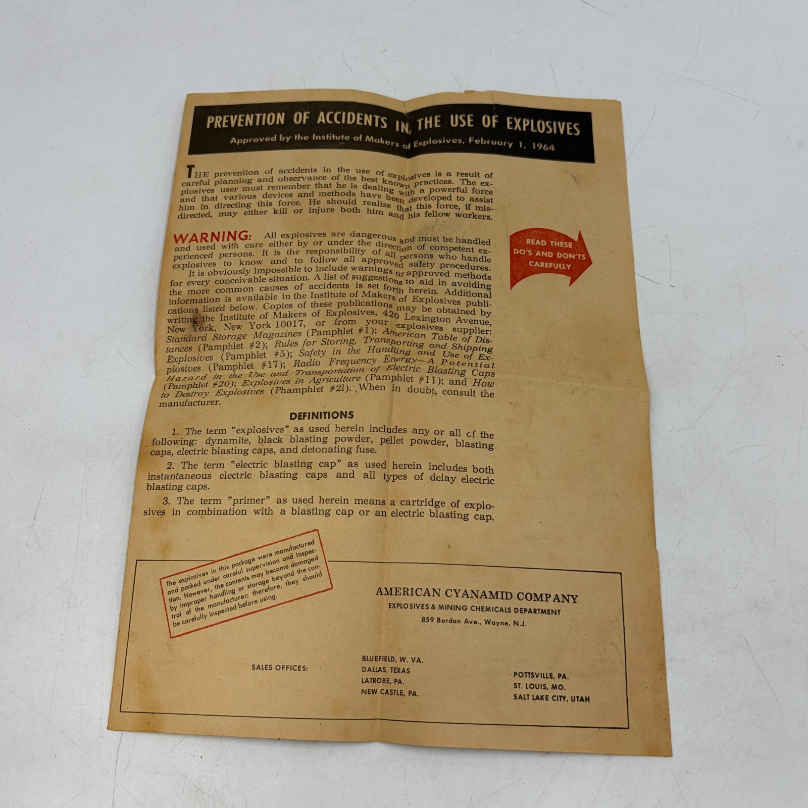 1964 American Cyanamid Explosives Safety Brochure Dynamite Mining Blasting 1964 American Cyanamid Explosives Safety Brochure Dynamite Mining Blasting