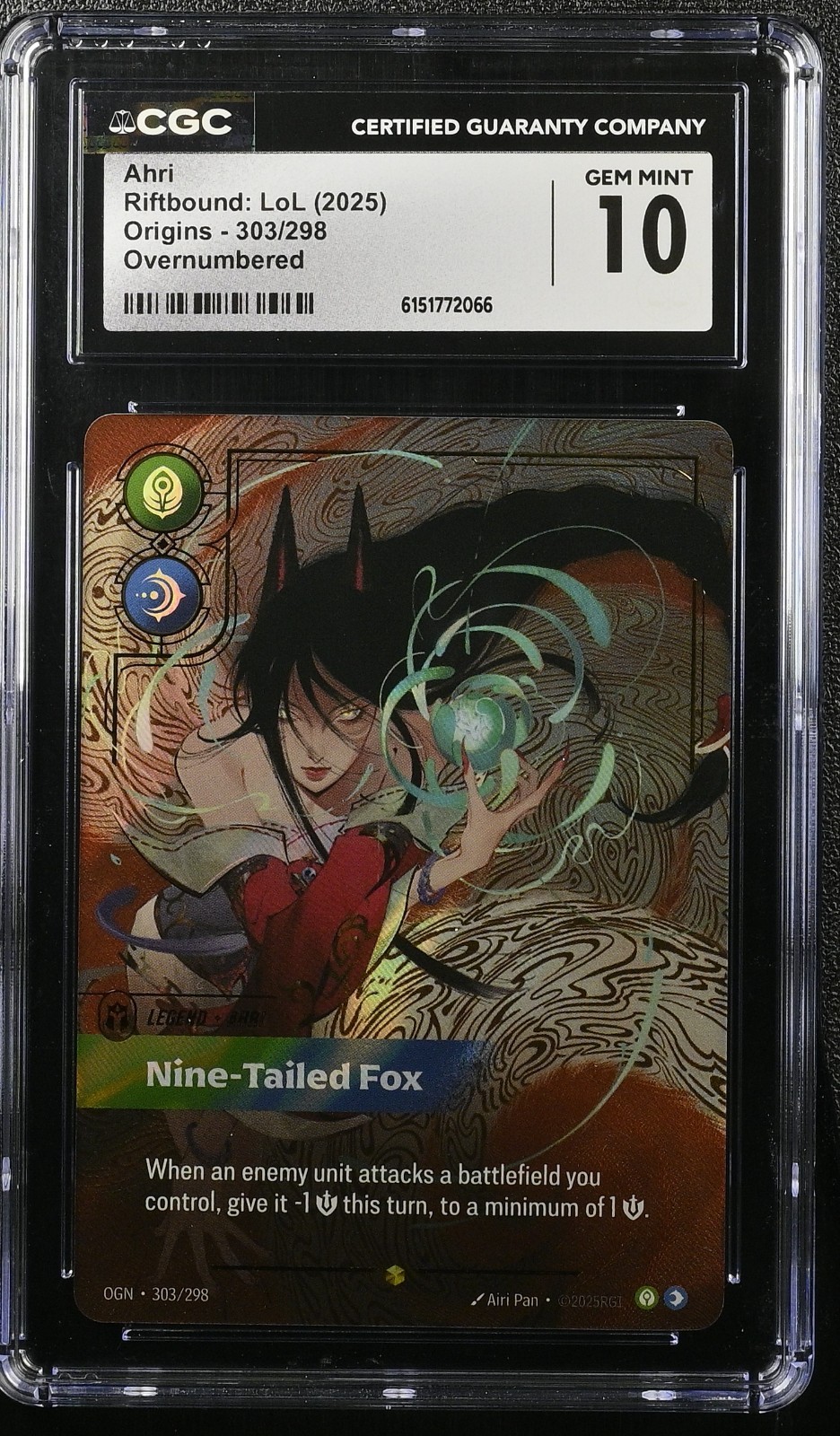 CGC 10 GEM MT Ahri Nine-Tailed Fox 2025 Riftbound Origins Overnumbered #303/298
