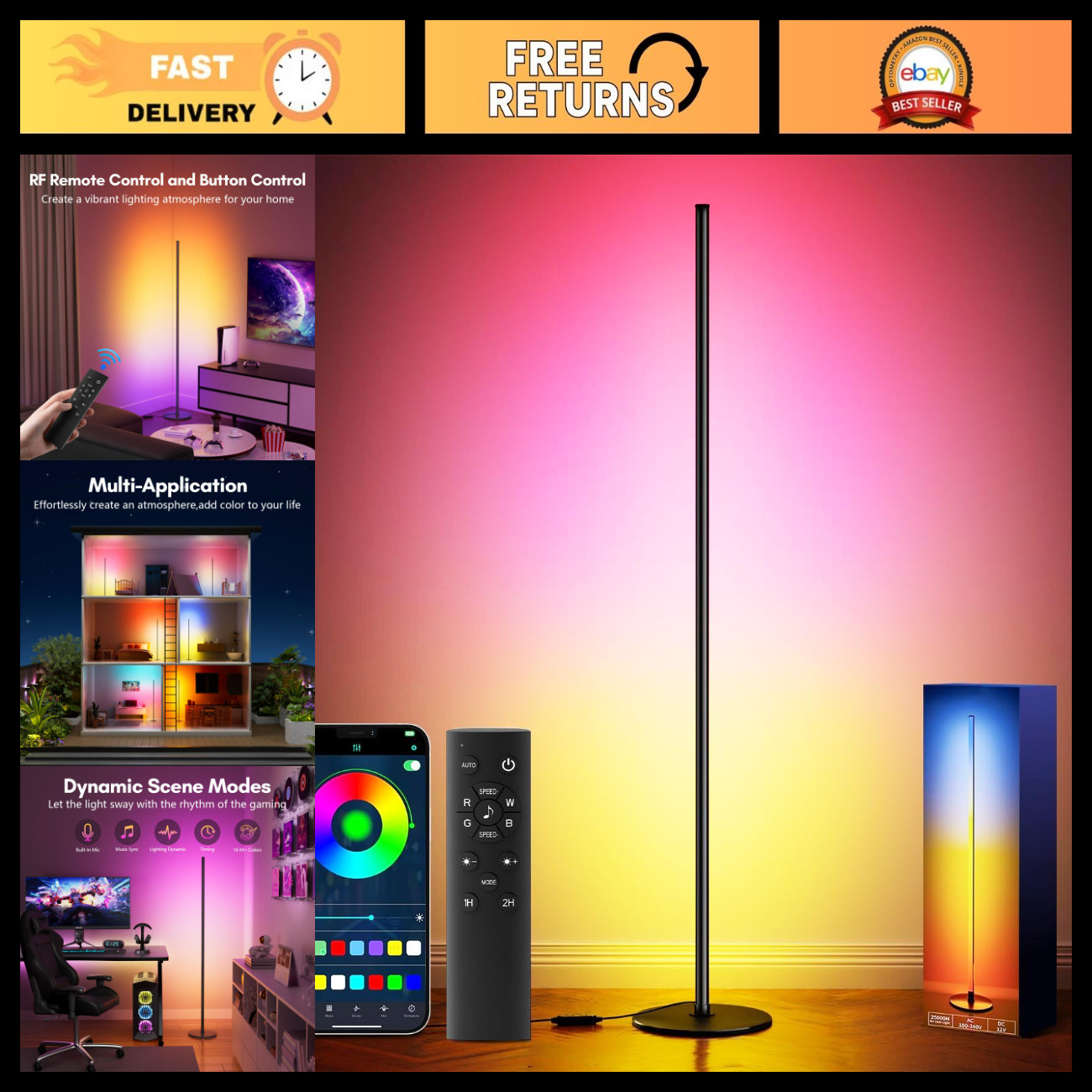 Bright LED RGB+IC Corner Floor Lamp with App, Remote Control Obsidian Black