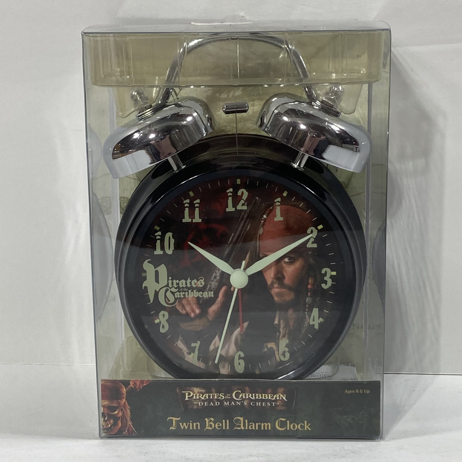 Disney Pirates Of The Caribbean Twin Bell Alarm Clock Johnny Depp Metal Case NEW Disney Pirates Of The Caribbean Twin Bell Alarm Clock Johnny Depp Metal Case NEW