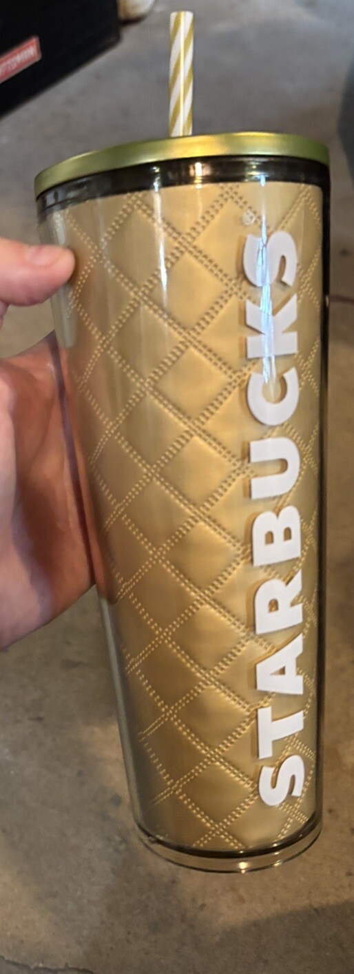 STARBUCKS HOLIDAY METALLIC GOLD QUILTED 24oz VENTI TUMBLER COLD CUP 2024