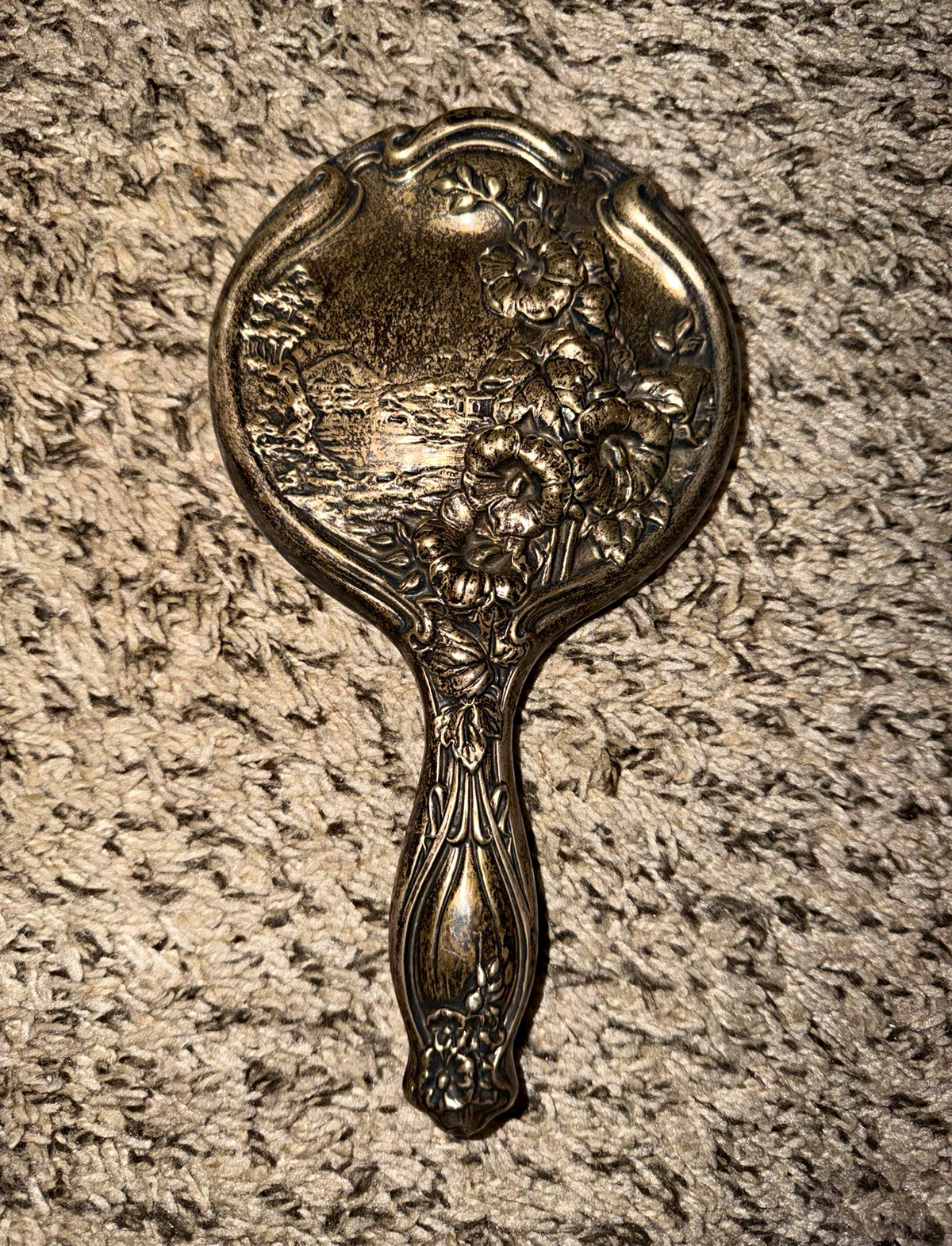 Antique Sterling Silver Hand Mirror Art Nouveau Floral Repousse 10" 352g Antique Sterling Silver Hand Mirror Art Nouveau Floral Repousse 10" 352g