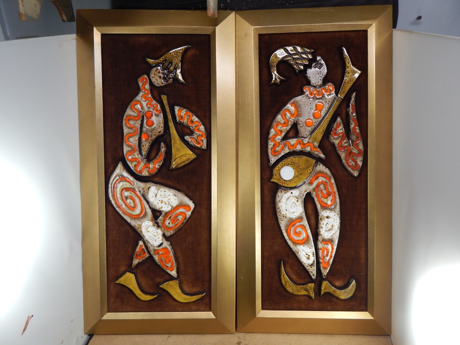 Pair of MCM Textured Ceramic Tile JESTER HARLEQUIN FIGURES by Maurice Chalvignac Pair of MCM Textured Ceramic Tile JESTER HARLEQUIN FIGURES by Maurice Chalvignac
