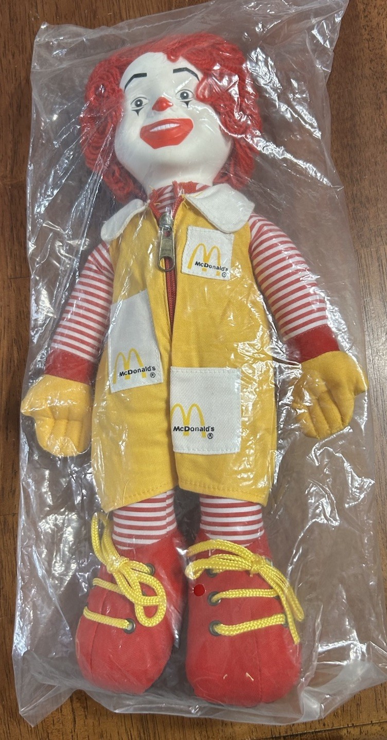 Vintage Ronald McDonald Plush Doll 1984 15" Yarn Hair Plastic Face New In Bag