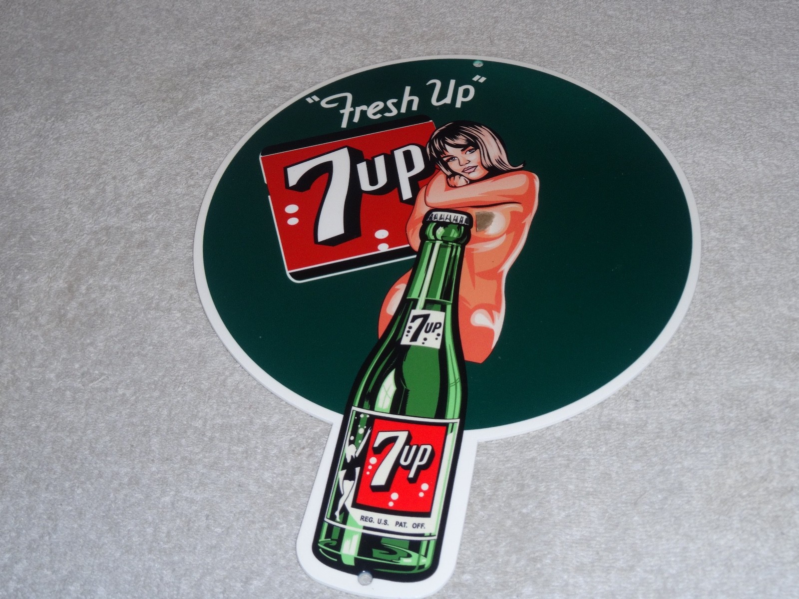 VINTAGE FRESH UP 7 SEVEN UP WOMAN & BOTTLE 12" PORCELAIN METAL GAS OIL 7UP SIGN