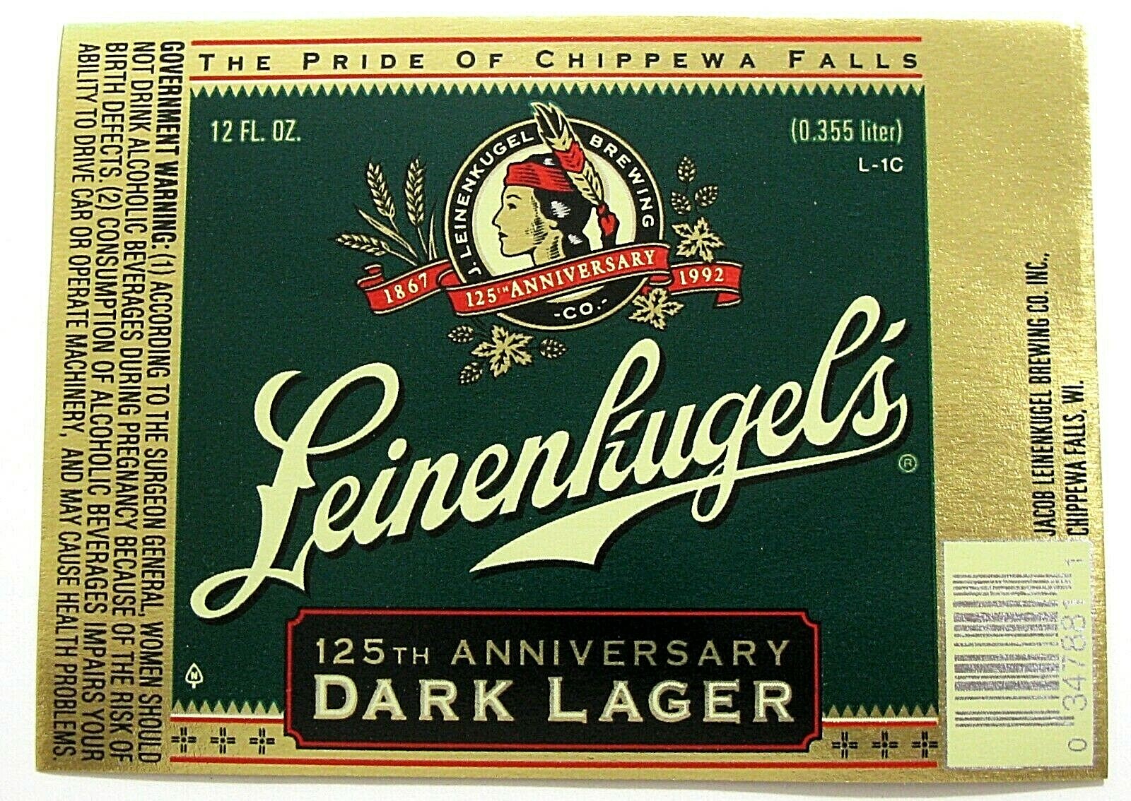 Jacob Leinenkugel LEINENKUGEL'S DARK LAGER label WI 12oz 125th Anniversary