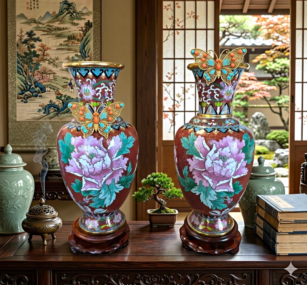 Pair Chinese Cloisonne Enamel Floral Vase  w/ Wood Stands & Storage Box Vintage