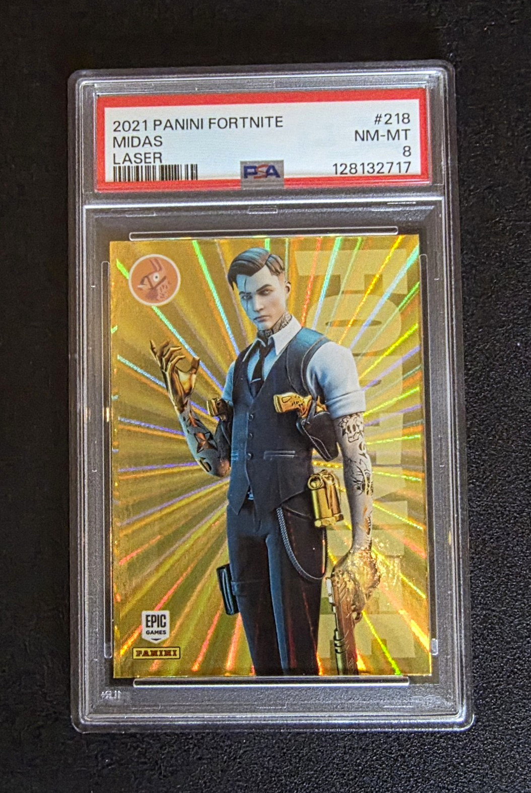 Panini 2021 Fortnite Midas Laser #218 Hologram PSA 8 Cert 128132717 Panini 2021 Fortnite Midas Laser #218 Hologram PSA 8 Cert 128132717