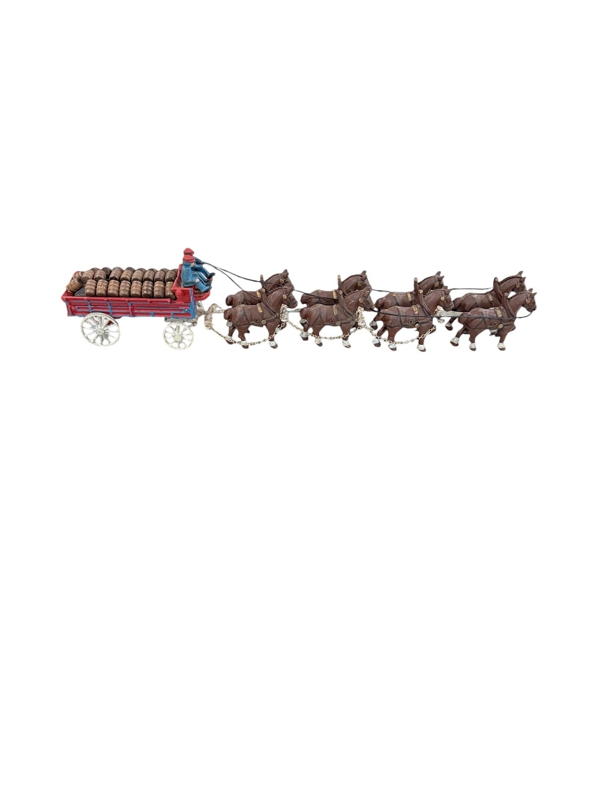 Vintage cast iron Budweiser Clydesdale wagon, drivers, horses and barrels