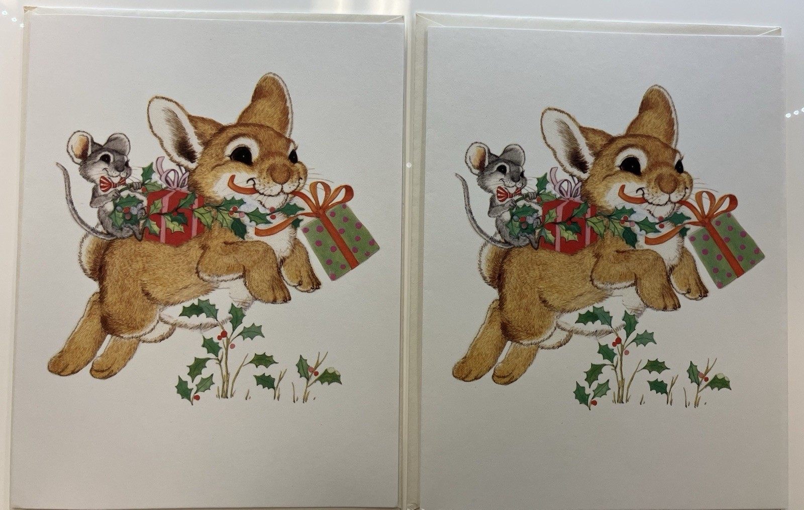 Vintage 1990s Rabbit & Mouse Christmas Cards Greenville Press TN Set Of 2 Vintage 1990s Rabbit & Mouse Christmas Cards Greenville Press TN Set Of 2