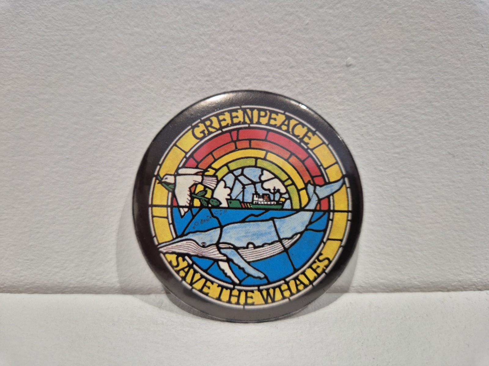 Vintage 1980s Green peace Save The Whales Pin Badge, Staind Glass Rainbow Button Vintage 1980s Green peace Save The Whales Pin Badge, Staind Glass Rainbow Button