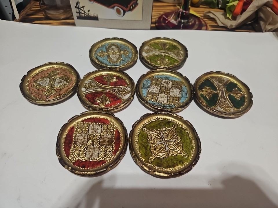 VINTAGE ITALIAN FLORENTINE COASTERS WOODEN SET OF 8 VINTAGE ITALIAN FLORENTINE COASTERS WOODEN SET OF 8