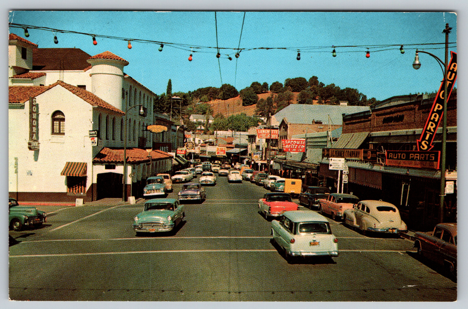 Downtown Sonora California c1950s Washington Street View Signs Vintage Postcard Downtown Sonora California c1950s Washington Street View Signs Vintage Postcard