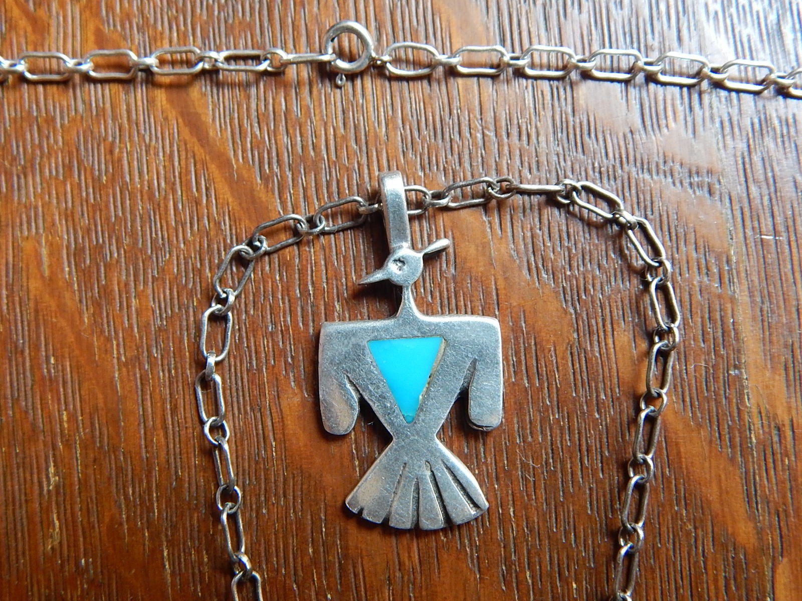Vintage Navajo Thunderbird Eagle Turquoise Cast Sterling Silver Pendant Chain Vintage Navajo Thunderbird Eagle Turquoise Cast Sterling Silver Pendant Chain