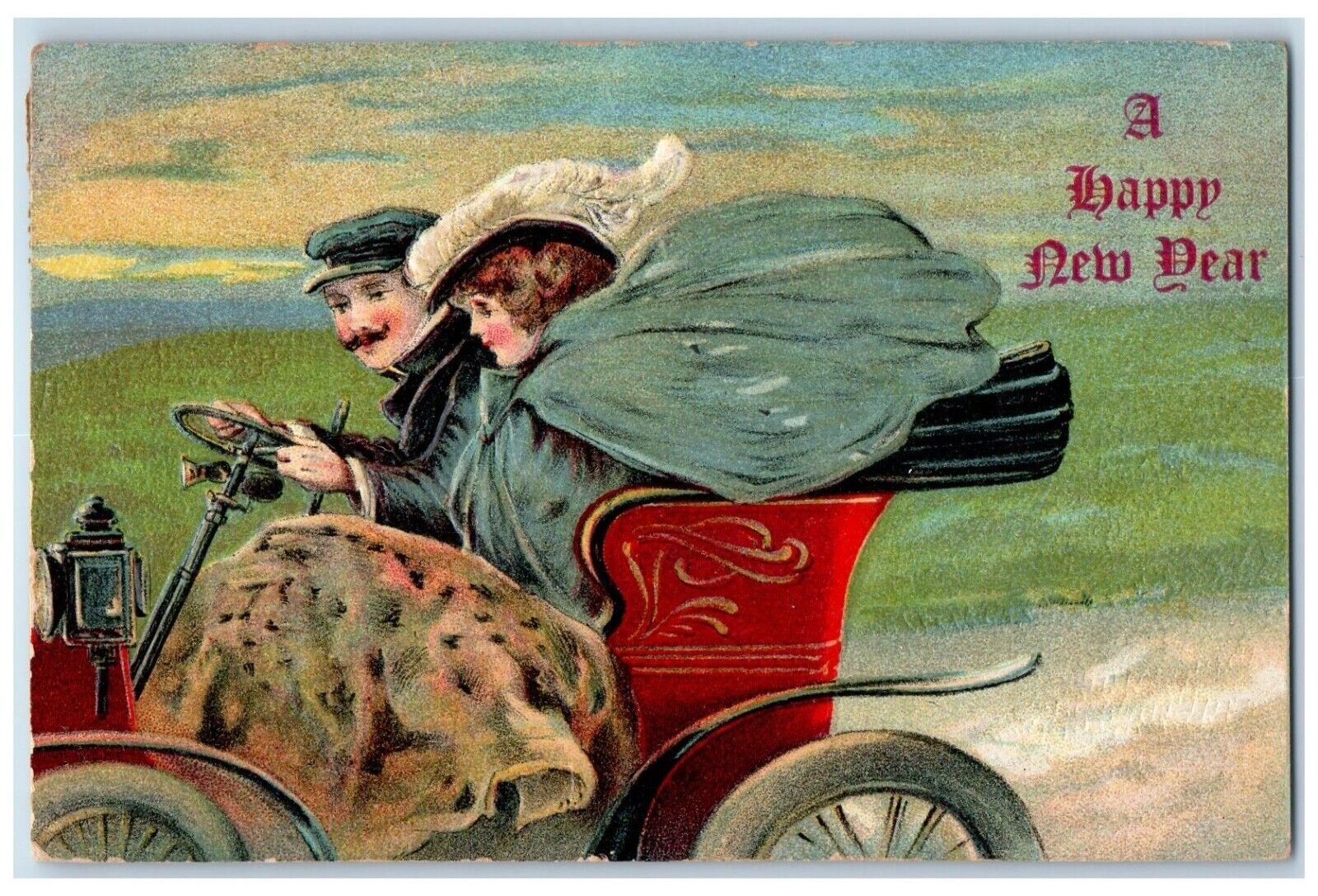 1908 New Year Couple Car Riding Embossed Cambridge MA Posted Antique Postcard