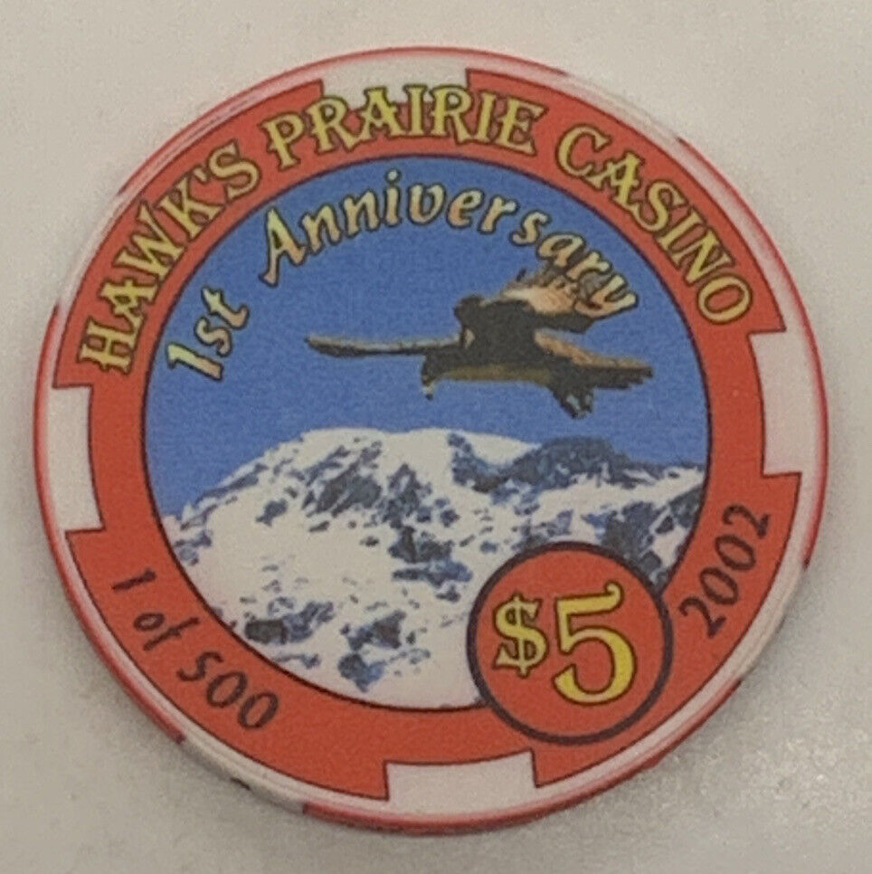 Hawk’s Prairie Casino $5 Chip Lacey Washington Red Ceramic 1st Anniversary 2002