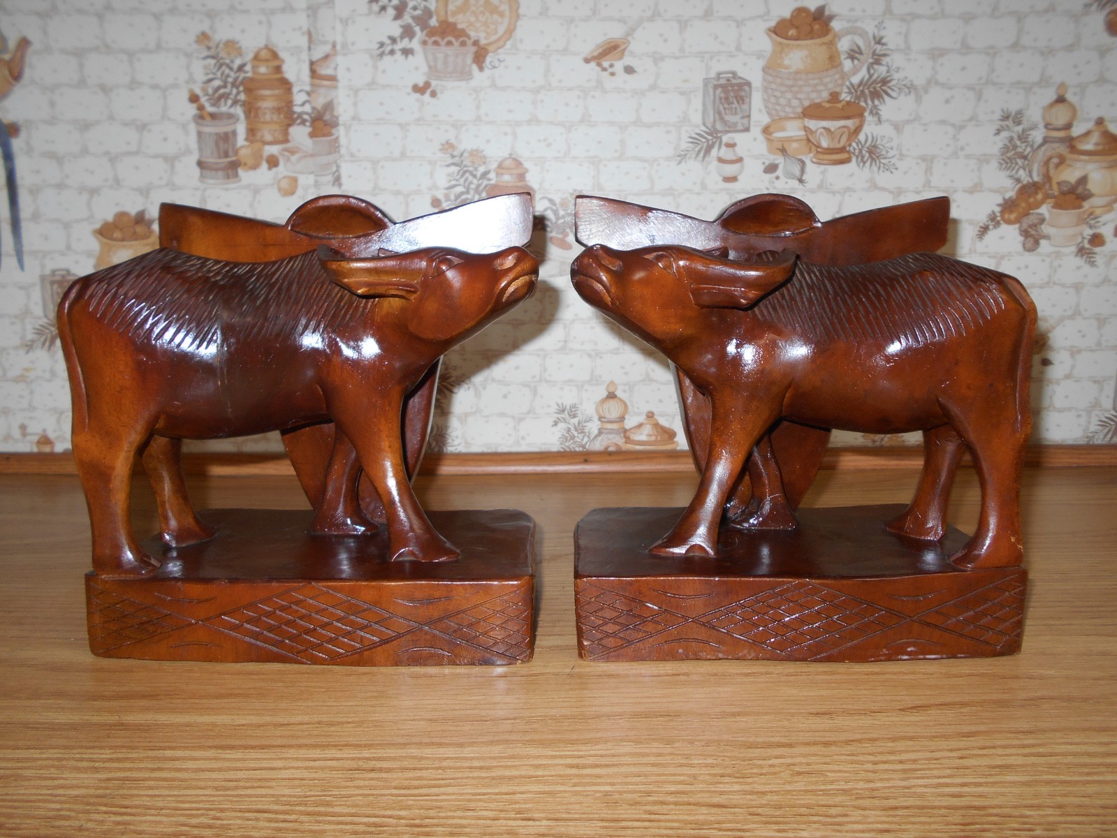 Antique Hand Carved Water Buffalo (Carabao) Book Ends with Original Paperwork