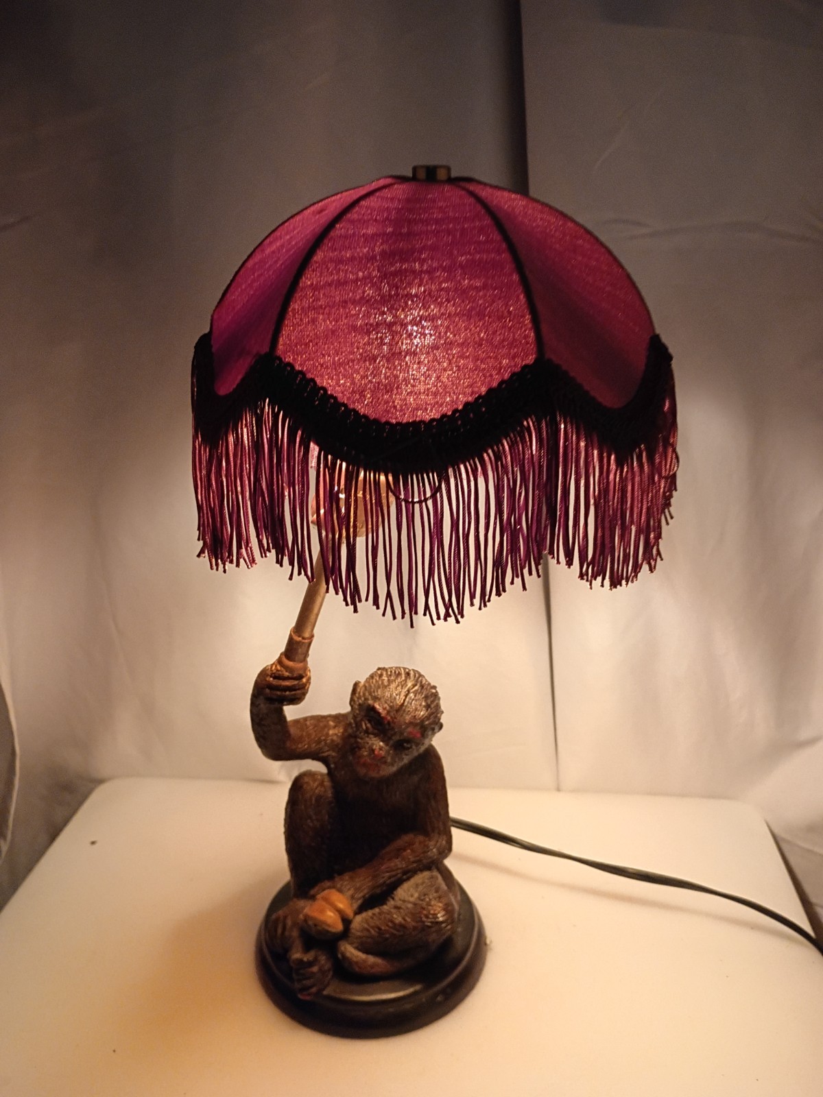 Raining  Monkey Chimpanzee Holding Umbrella Victorian Style Fringe Shade Lamp 