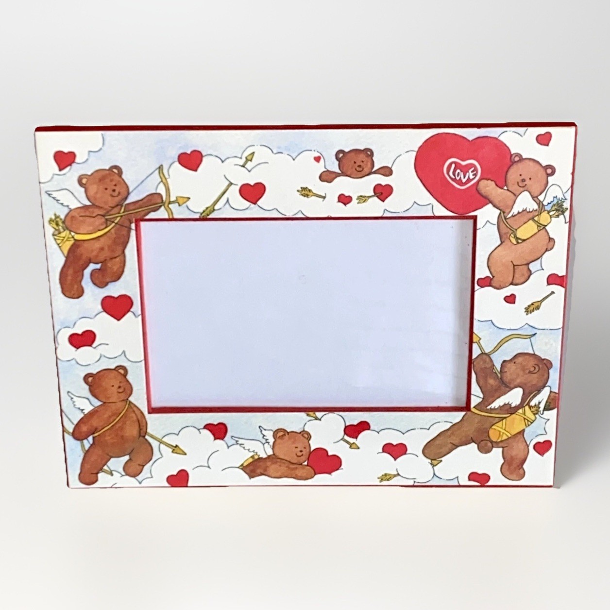 VTG 80s Valentine's Day Cupid Teddy Bear Heart Frame Easel Back Graphic Print VTG 80s Valentine's Day Cupid Teddy Bear Heart Frame Easel Back Graphic Print