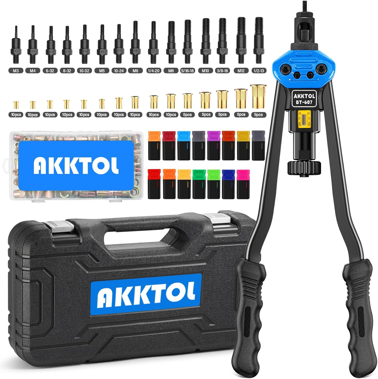 Rivet Nut Tool Kit, 16" Rivnut Tool Kit with 15 Metric and SAE Mandrels, 125-PCS Rivet Nut Tool Kit, 16" Rivnut Tool Kit with 15 Metric and SAE Mandrels, 125-PCS