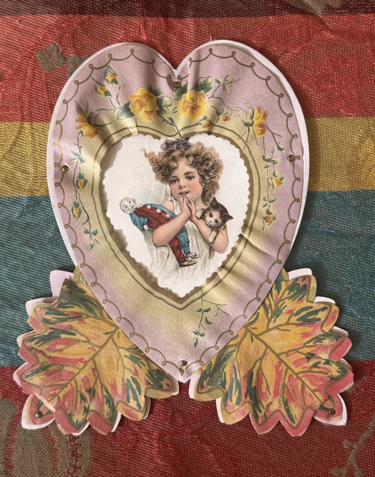Antique 1920s paper litho Valentine heart girl with clown cat floral leaves