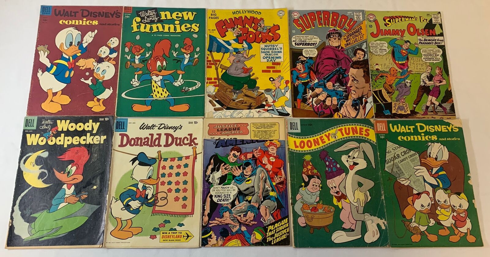 10 low grade comics 1950s-1960s~Disney,Superboy,JLA,Woody Woodpecker, more