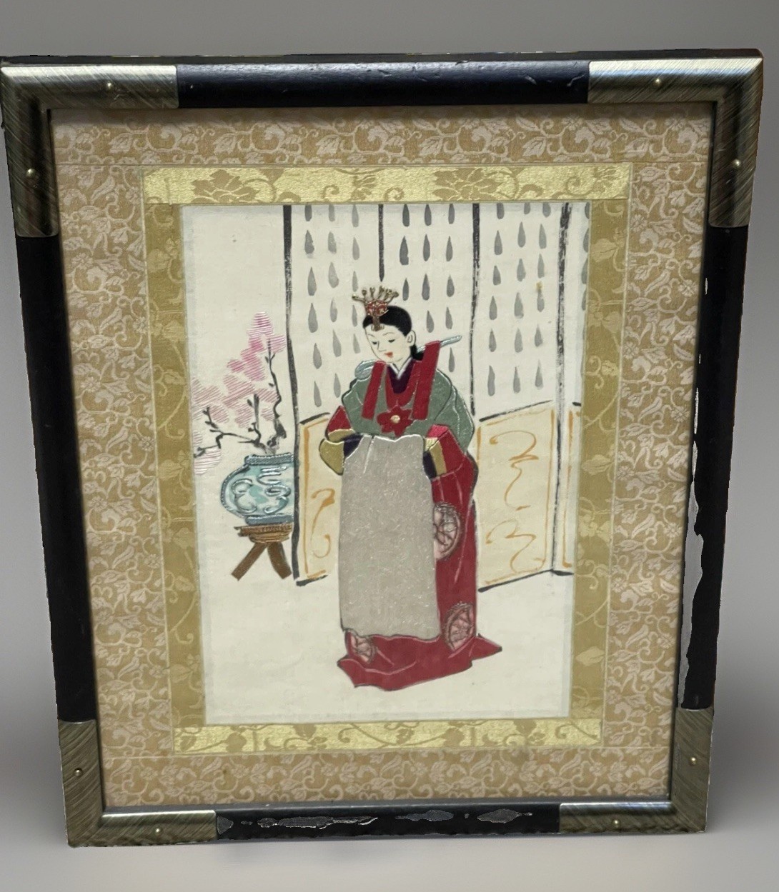 Vintage Japanese Silk Embroidery Court Lady Kimono Framed Textile Art Vintage Japanese Silk Embroidery Court Lady Kimono Framed Textile Art