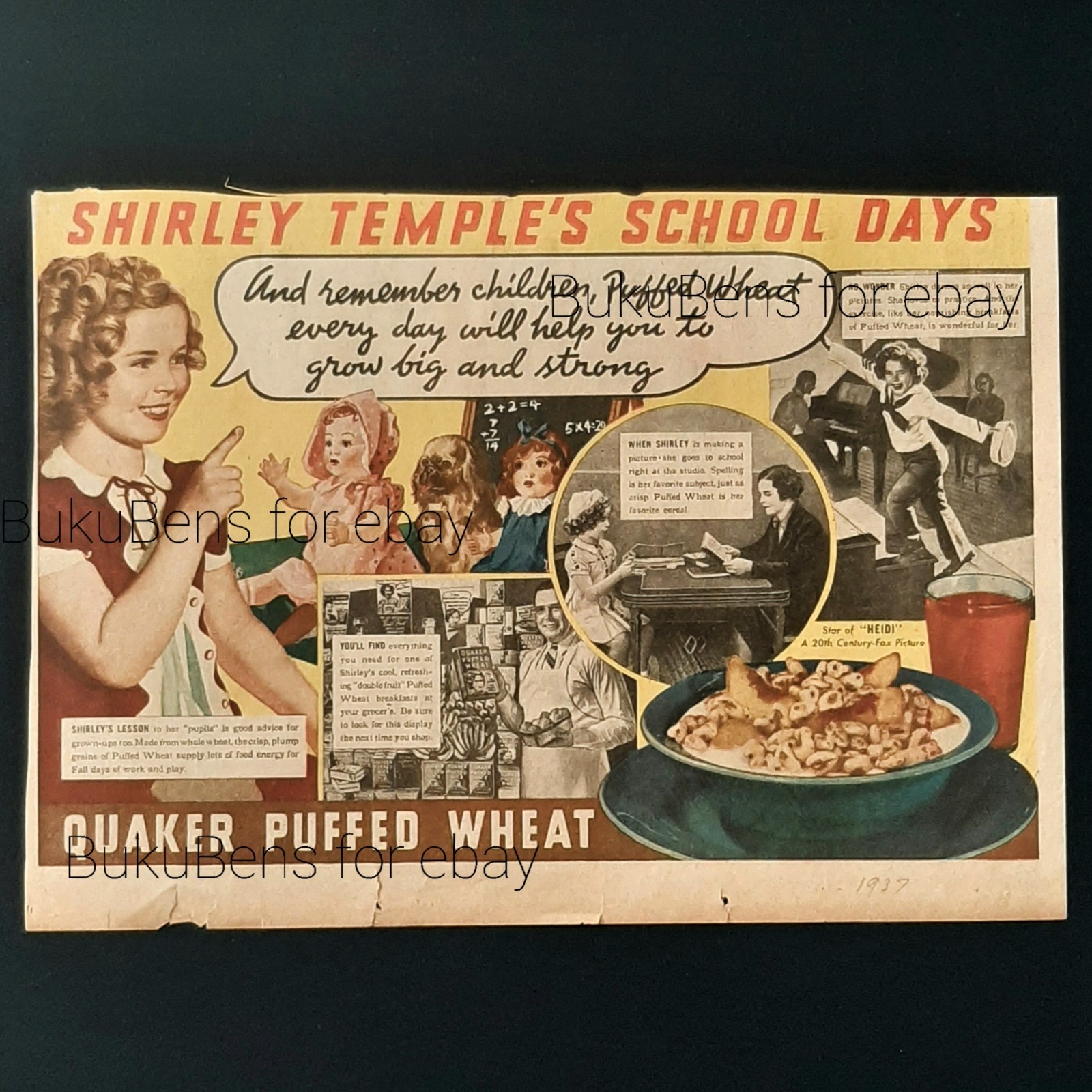 Original 1937 Color Newspaper Ad Quaker Puffed Wheat Featuring Shirley Temple Original 1937 Color Newspaper Ad Quaker Puffed Wheat Featuring Shirley Temple
