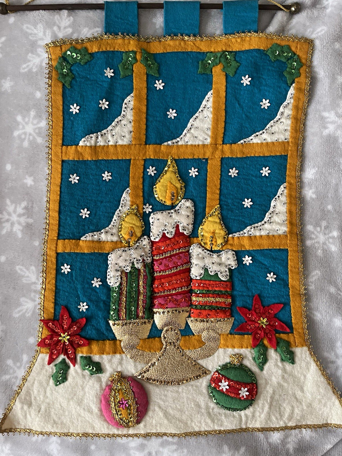 Vintage Bucilla Felt&Sequin “Winter Window” Wall Hanging from Kit# 1642 Vintage Bucilla Felt&Sequin “Winter Window” Wall Hanging from Kit# 1642