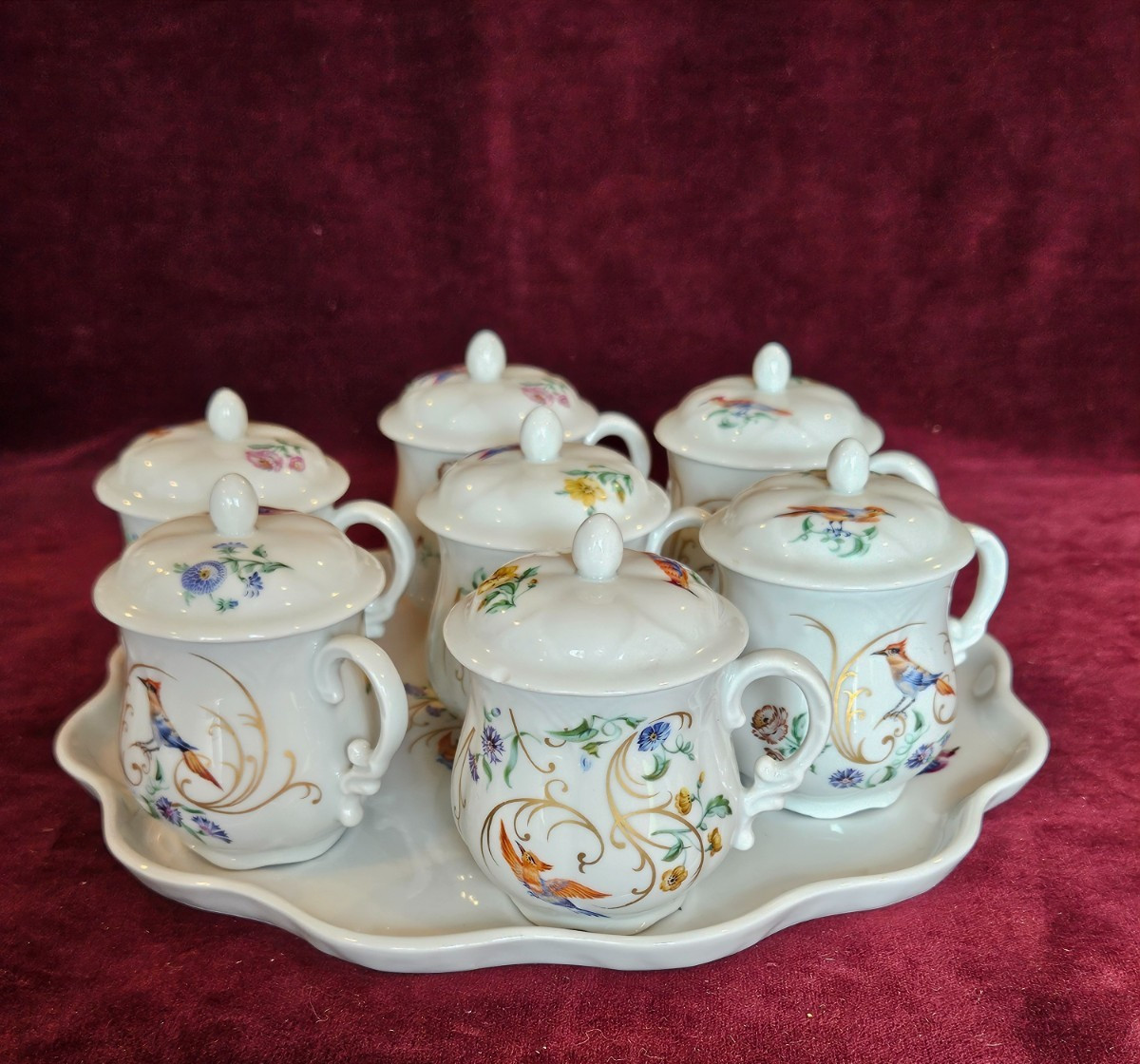 Limoges France Pot de Creme & Serving Tray Set Birds and Flowers Pattern Limoges France Pot de Creme & Serving Tray Set Birds and Flowers Pattern
