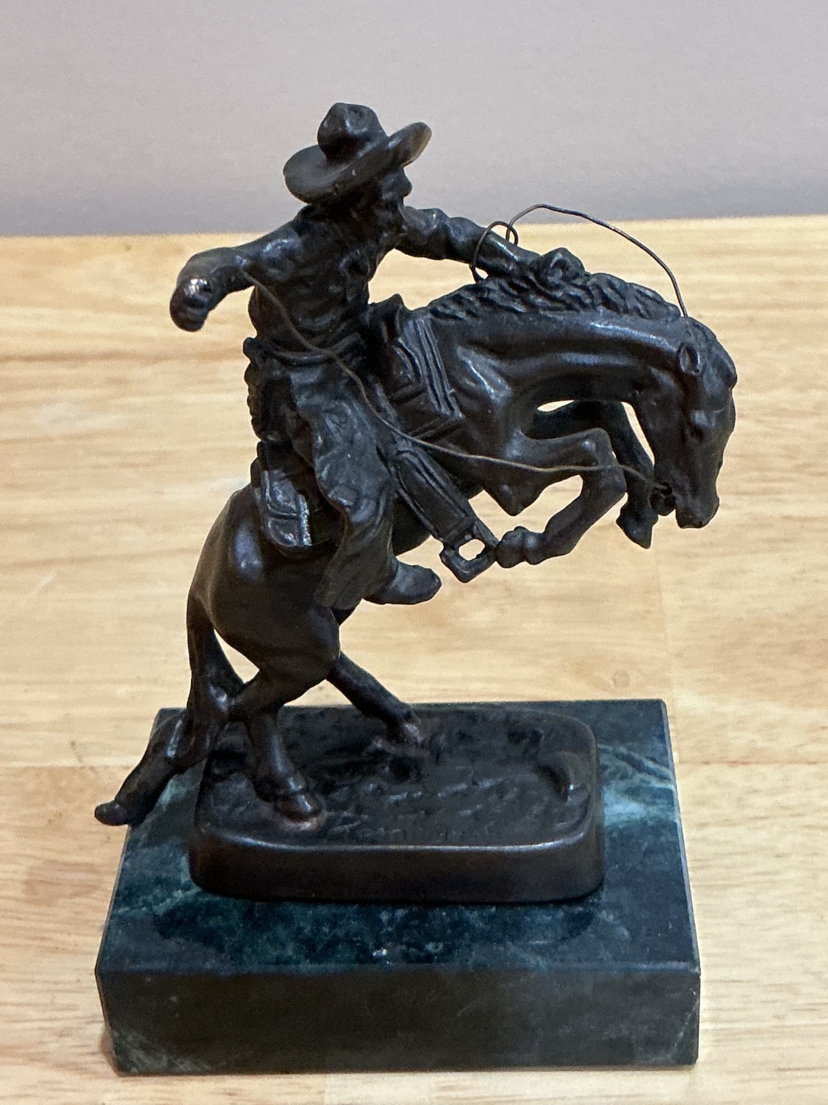 Vintage Frederic Remington Miniature Bronze Sculpture Bucking Bronco Marble Base Vintage Frederic Remington Miniature Bronze Sculpture Bucking Bronco Marble Base