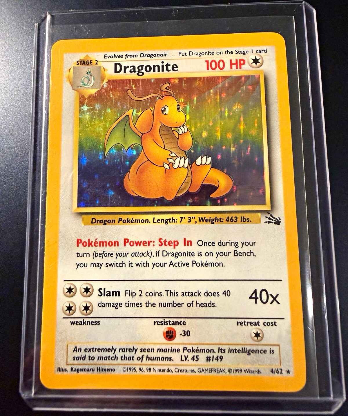 Wizards 1999 Pokémon Fossil Dragonite Holo 4/62 English Trading Card Wizards 1999 Pokémon Fossil Dragonite Holo 4/62 English Trading Card