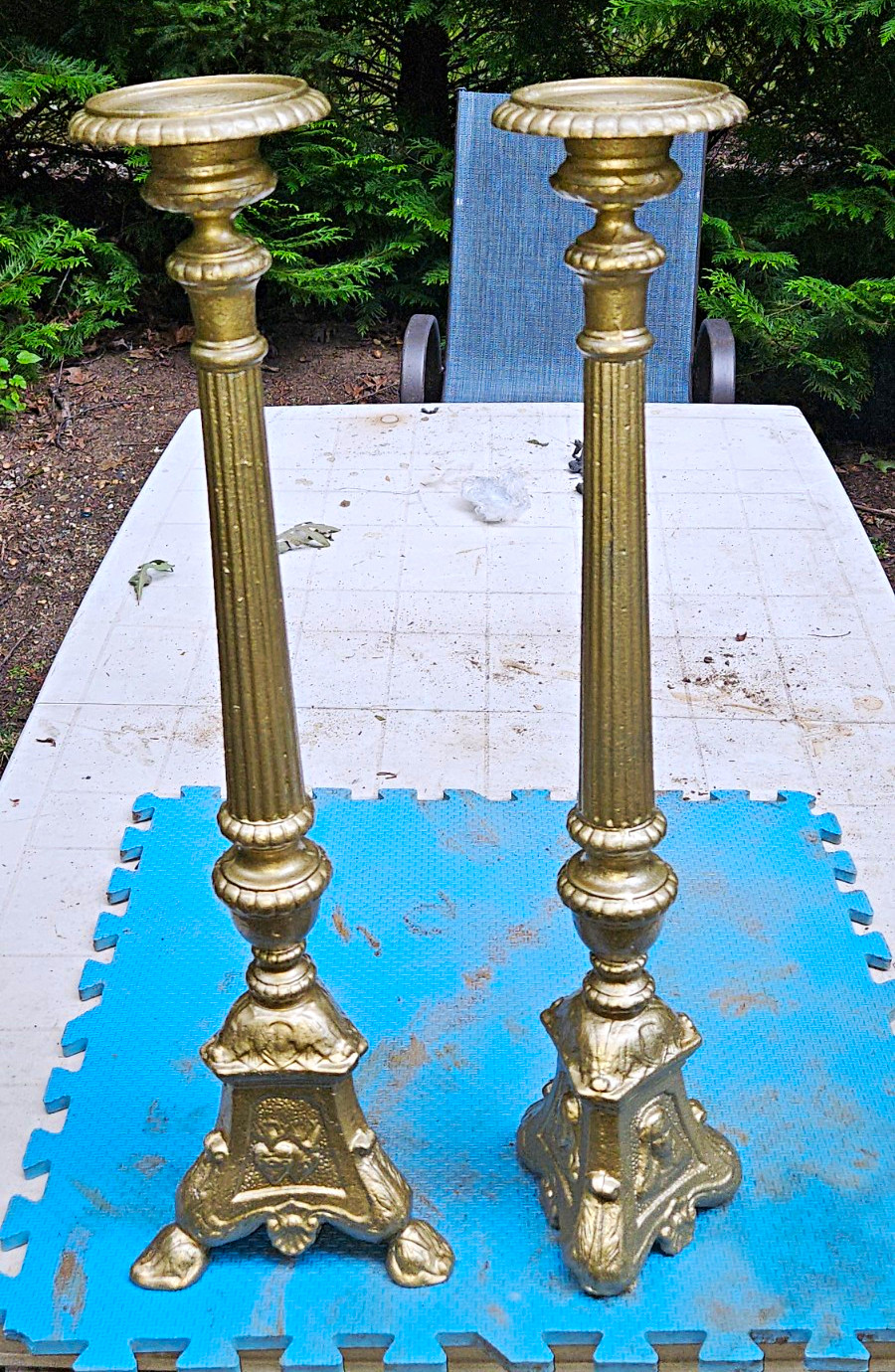 Late Victorian Pair of Antique 1890 Tall Gold Pillar Cast Iron Candle Holders