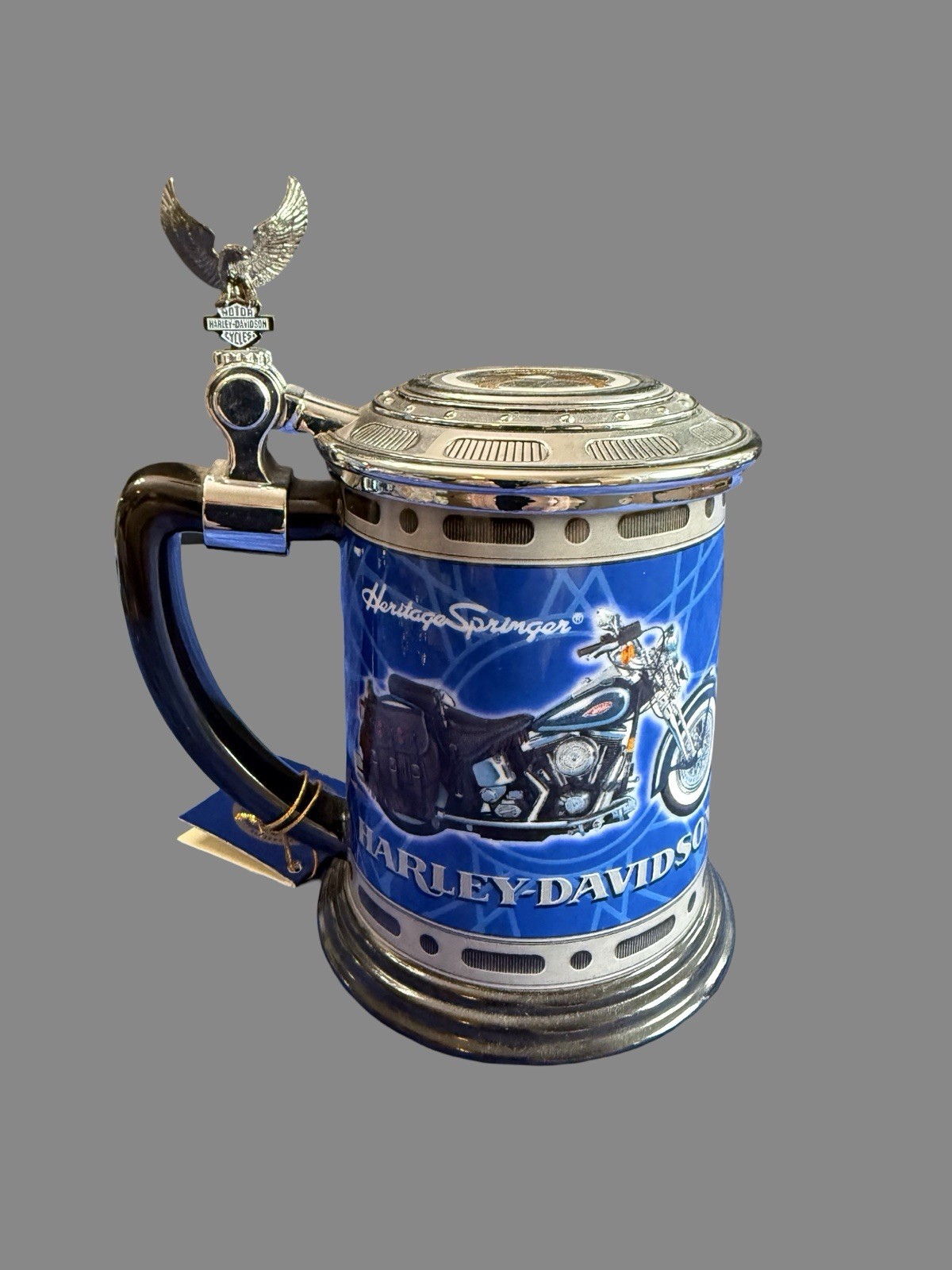 Harley Davidson Heritage Springer Collector Tankard Beer Stein Eagle Lid COA Tag Harley Davidson Heritage Springer Collector Tankard Beer Stein Eagle Lid COA Tag