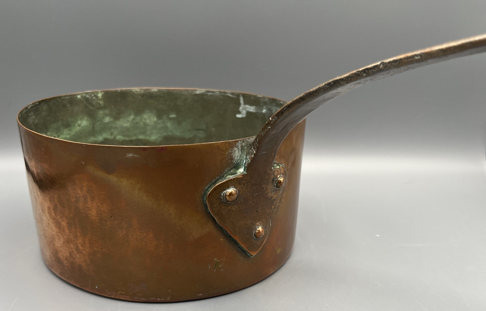 Vintage Heavy Copper Saucepan 7.25” Long Handle 3 Rivets Rustic Patina Vintage Heavy Copper Saucepan 7.25” Long Handle 3 Rivets Rustic Patina