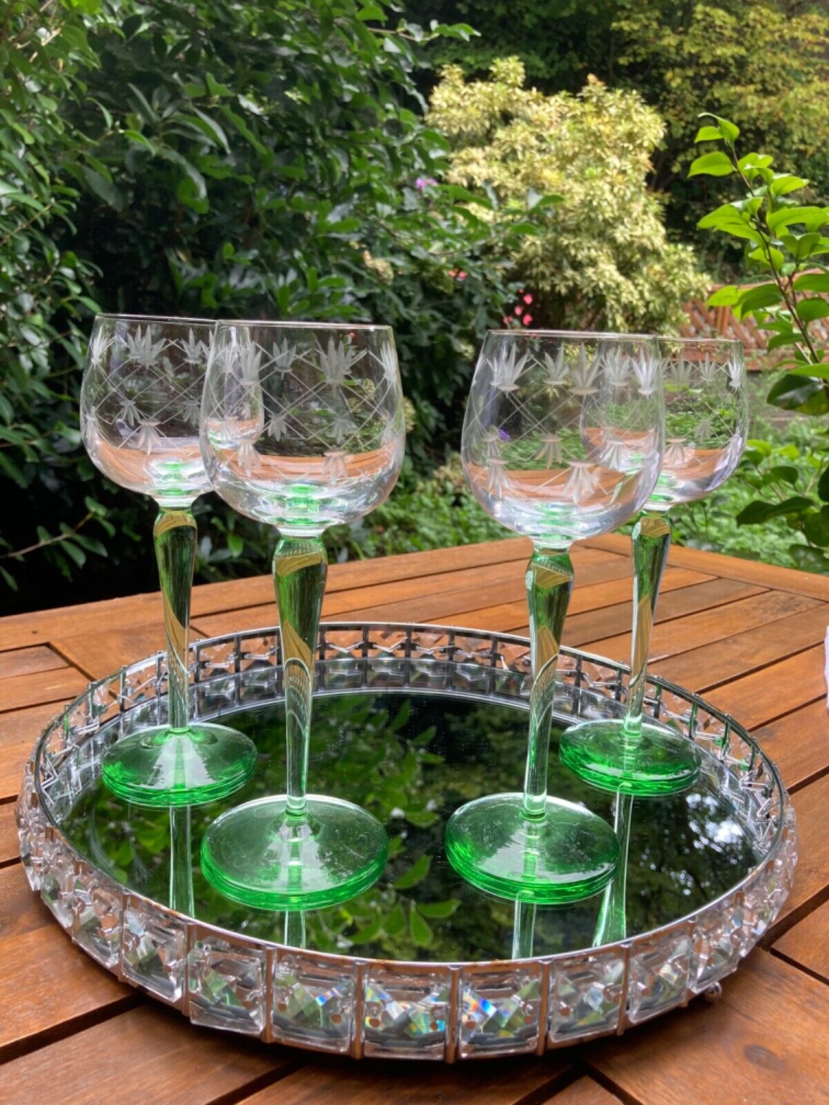 Set 4 Vintage Green Stemmed Hock Glasses Crystal &etched Gorgeous