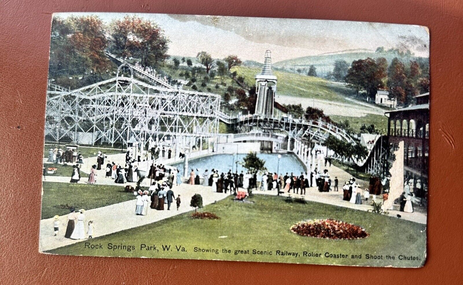 1911 Rock Springs Park W.Va. Roller Coaster Shoot The Chutes Scenic RWY Postcard