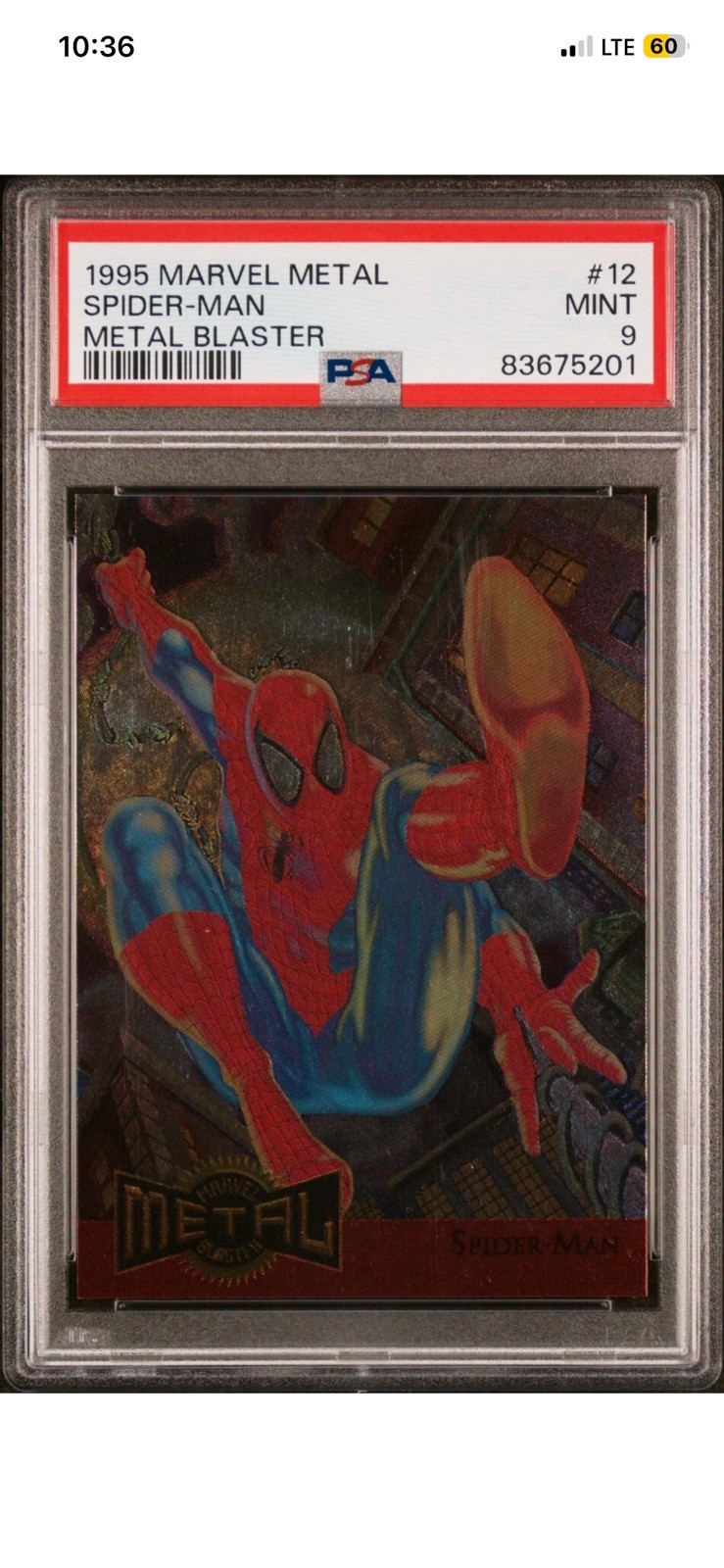 1995 Marvel Metal Spiderman #12 PSA 9 Spider-Man Metal Blaster Inaugural Year RC
