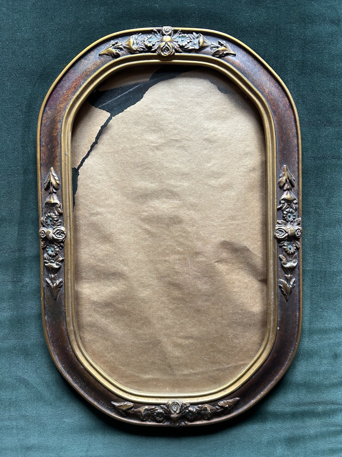 Antique Oval Wood Frame With Convex Glass ~ Ornate Floral Detail