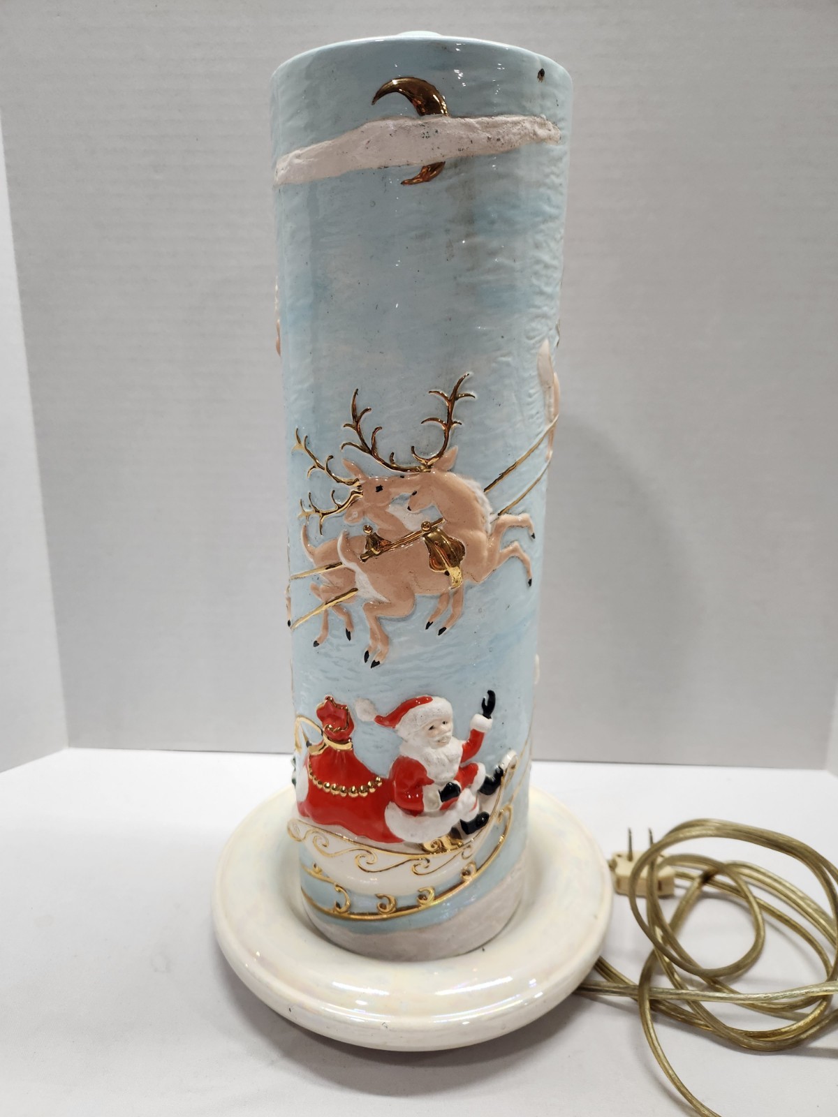 Vintage Atlantic Mold Ceramic Christmas Candle 3D Santa Sleigh & Reindeer 14.5"