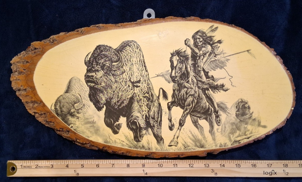 Vintage Native American Buffalo Hunt Wood Slice Wall Art Decoupage Plaque Vintage Native American Buffalo Hunt Wood Slice Wall Art Decoupage Plaque