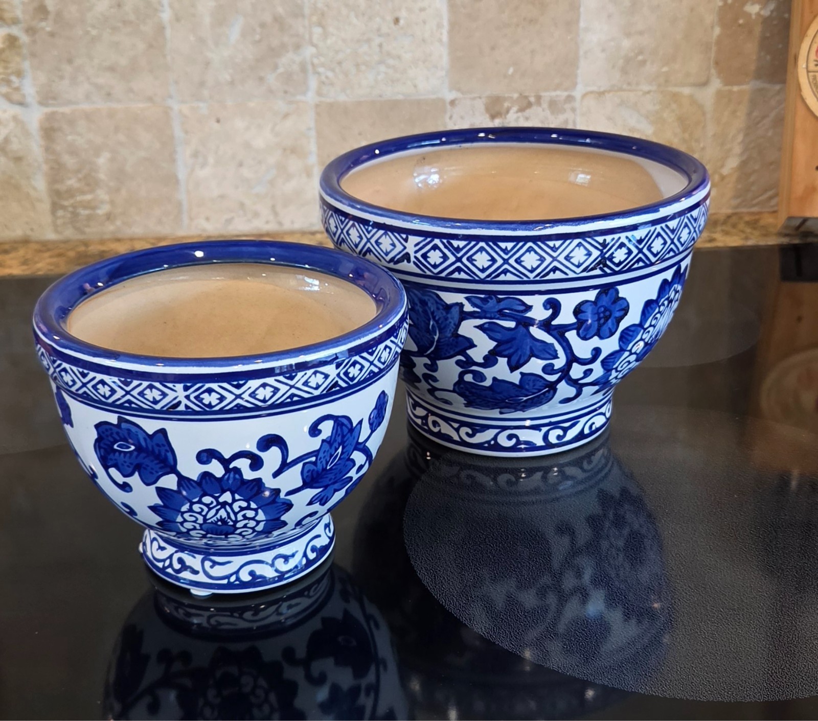 Blue & White Ceramic Chinoiserie Planters Set of 2, Oriental Style Floral Design