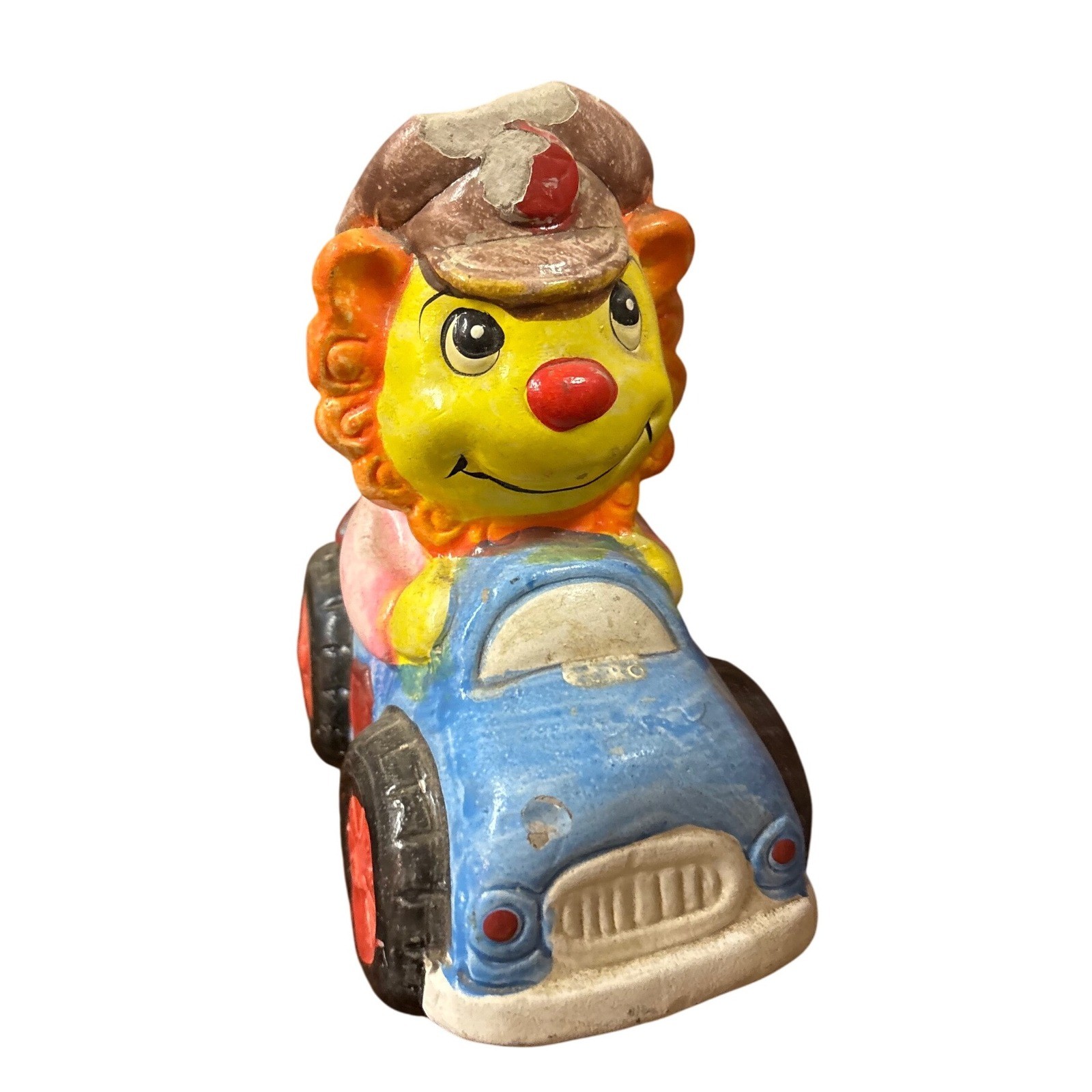 Vintage 1970s Cartoon Lion Driving Car Ceramic Piggy Bank Coin Holder *Flaw Vintage 1970s Cartoon Lion Driving Car Ceramic Piggy Bank Coin Holder *Flaw