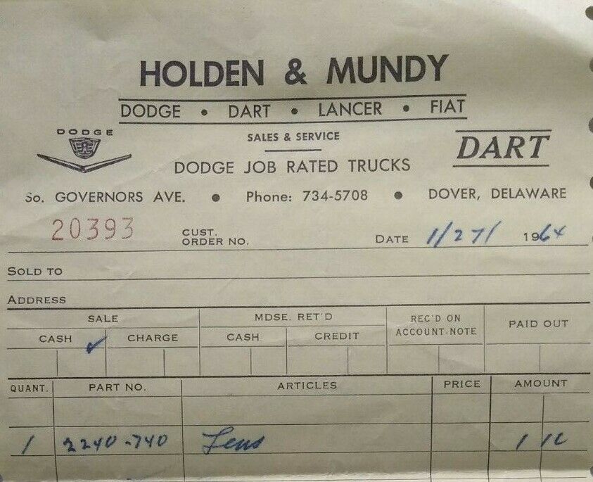 Dover Delaware Vintage Billhead Holden Mundy Dodge Car Dealership Dart 1964