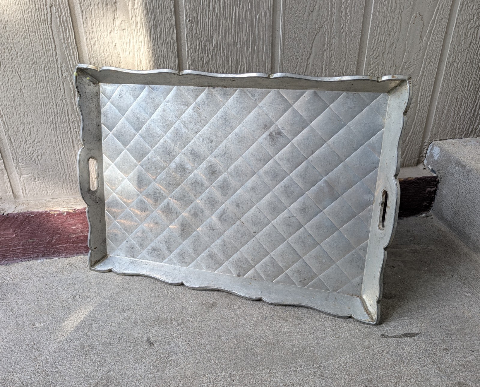 Vintage 1940s Mexican Art Deco Tin Over Wood Serving Tray Embossed Diamond 25"