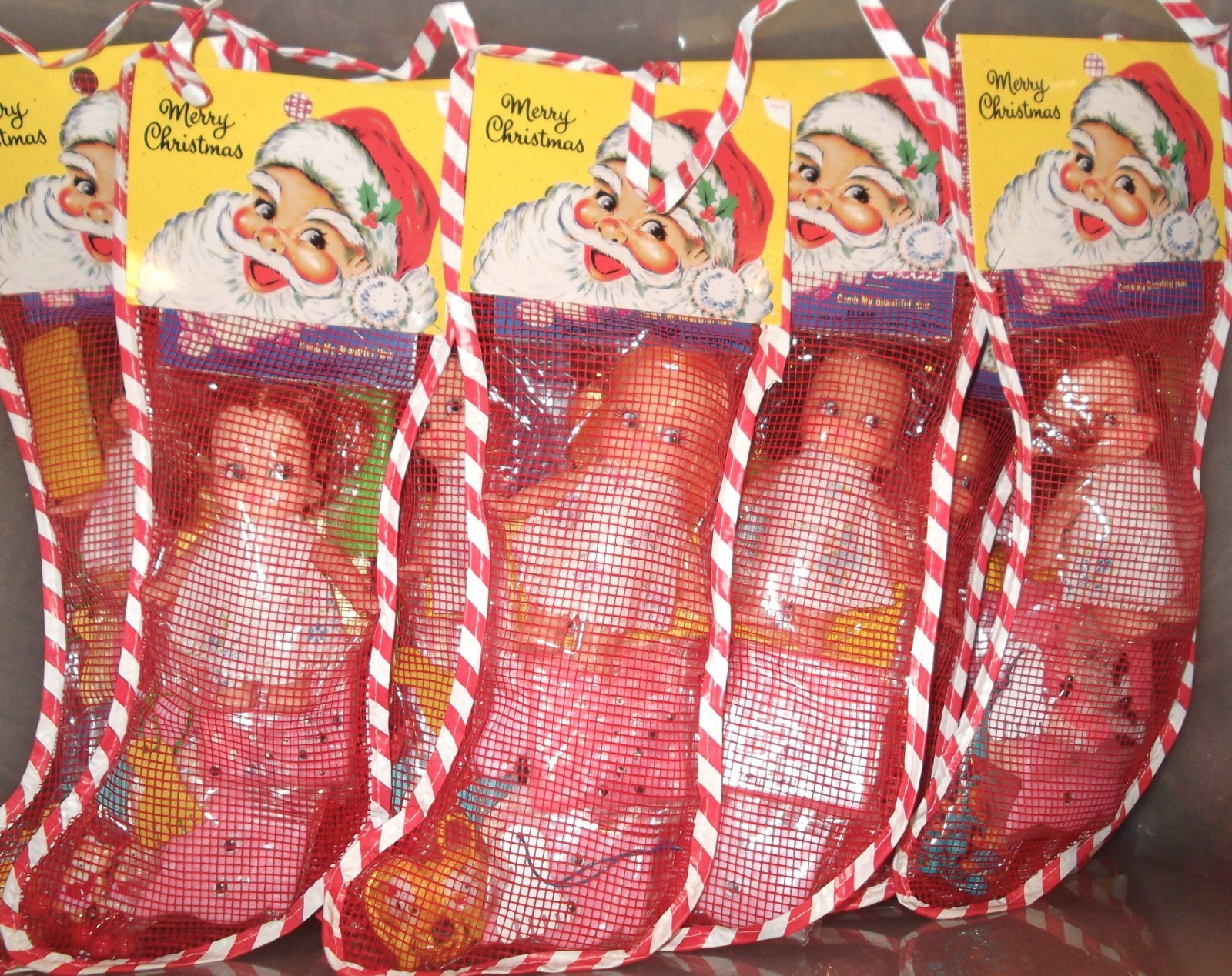 VTG 13" Mesh Net GIRLS Christmas Stocking W/Vintage DOLL, Kitty Comb, Game &MORE VTG 13" Mesh Net GIRLS Christmas Stocking W/Vintage DOLL, Kitty Comb, Game &MORE